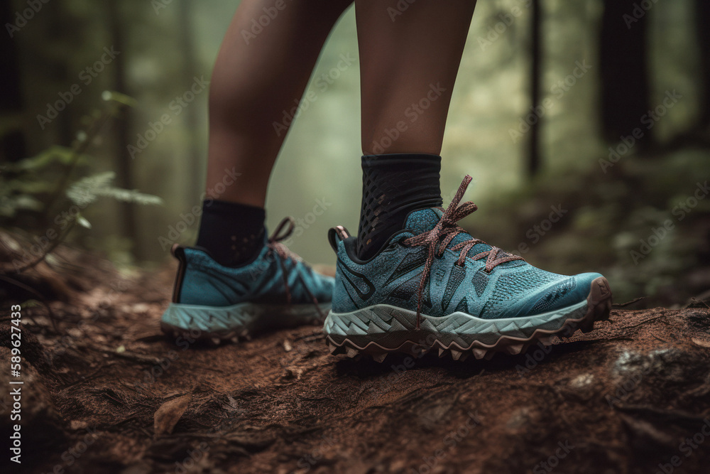 Trail Runner's Shoe on Forest Path Trail Runner's Shoe on Forest Path