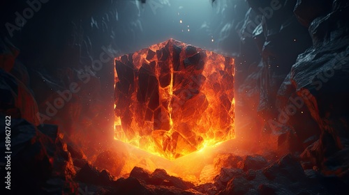 Realistic 3d render of a cube in fire - AI Generated