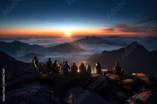 Group Spiritually Awakening on Highest Mountain Peak, Generated by AI