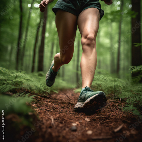Trail runner's legs and shoes in lush forest.