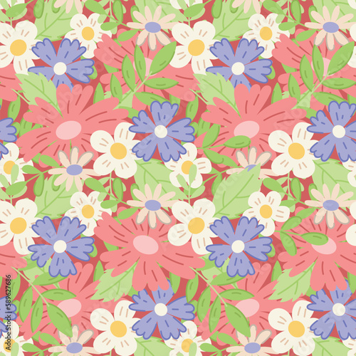 Vector Floral flat seamless Pattern. Wildflowers, Daisies, Cornflowers and green leaves.