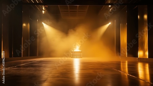 yellow spotlights shine on stage floor in dark room, idea for background backdrop, music hall or studio, Generative Ai