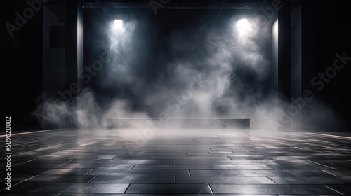 white smoke and spotlights shine on stage floor in dark room  idea for background backdrop  abandon room or warehouse  Generative Ai