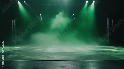 green smoke and spotlights shine on stage floor in dark room, idea for background backdrop, abandon room or warehouse, Generative Ai