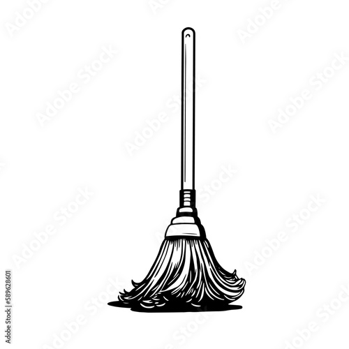 Mop, broom, cleaning, floor, simple line art icon. Cleaning service instrument vector. Logo. Outline silhouette. Contour drawn illustration Isolated on white background. 