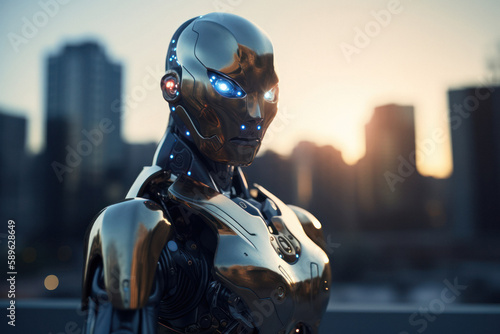 Advanced AI robot contemplating its existence in futuristic cityscape © Georg Lösch