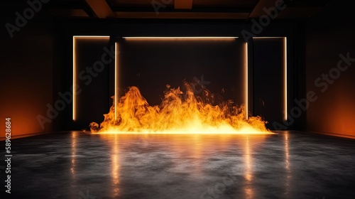 fire stage with spotlights shine on floor in dark room, idea for background backdrop, Generative Ai