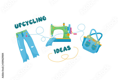 Vector cartoon illustration of upcycling process on white background. Idea to recycle old jeans to handbag and reduce waste. Ecological environmentally friendly idea to upcycle for design or concept
