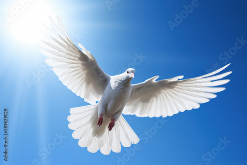 Dove in the air with wings wide open in-front of the sun. A peace dove. Digital ai art