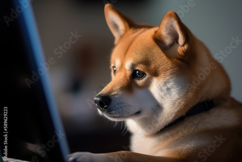 A Shiba Inu looking at the trading Screen