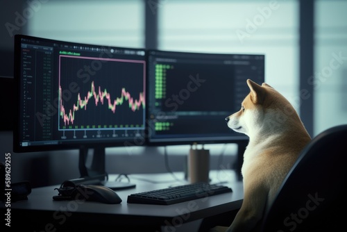 A Shiba Inu looking at the trading Screen