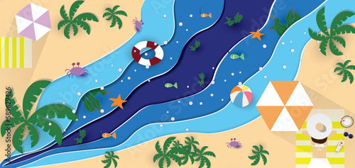 Female in swimsuit resting on beach. Beautiful woman sunbathing and relaxing with cocktail on summer holidays. Summer decorated with beach equipment, Top view beach. vector illustration.