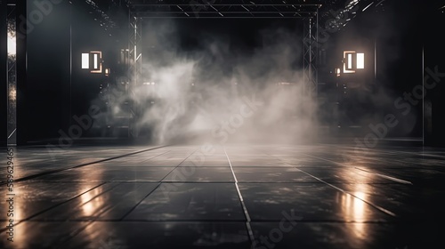 grey white smoke and spotlights shine on stage floor in dark room, idea for background backdrop, abandon room or warehouse, Generative Ai © QuietWord