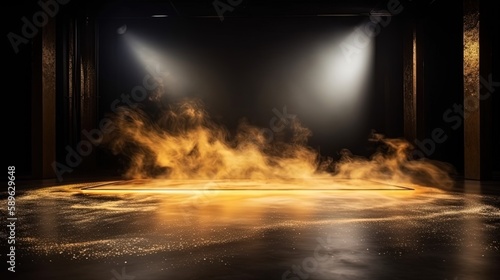 fire and smoke, spotlights shine on stage floor in dark room with burning flame , fire effect ground, idea for background, backdrop Generative Ai © QuietWord