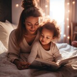the love of a young Latina brazilian mom mother reading a fairy tale to her child, mãe brasileira lendo conto de fadas para a filha, GENERATIVE AI