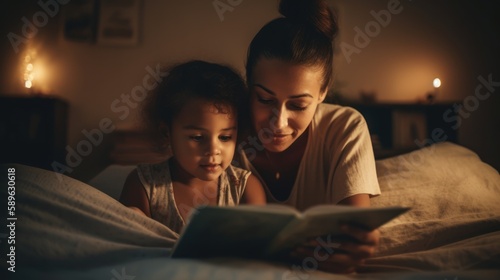 the love of a young Latina brazilian mom mother reading a fairy tale to her child, mãe brasileira lendo conto de fadas para a filha, GENERATIVE AI photo