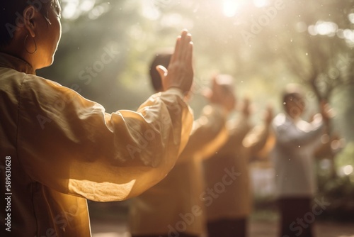 Picture of a group of people practicing qigong, World health day, bokeh Generative AI