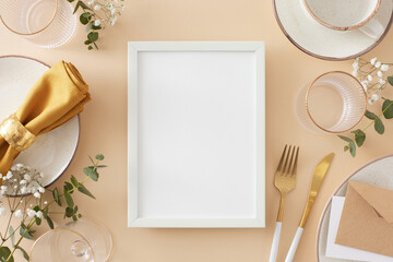 Table setting concept. Top view photo of vertical photo frame plate cutlery knife fork fabric napkin cup and glasses eucalyptus leaves with gypsophila flowers on pastel beige background