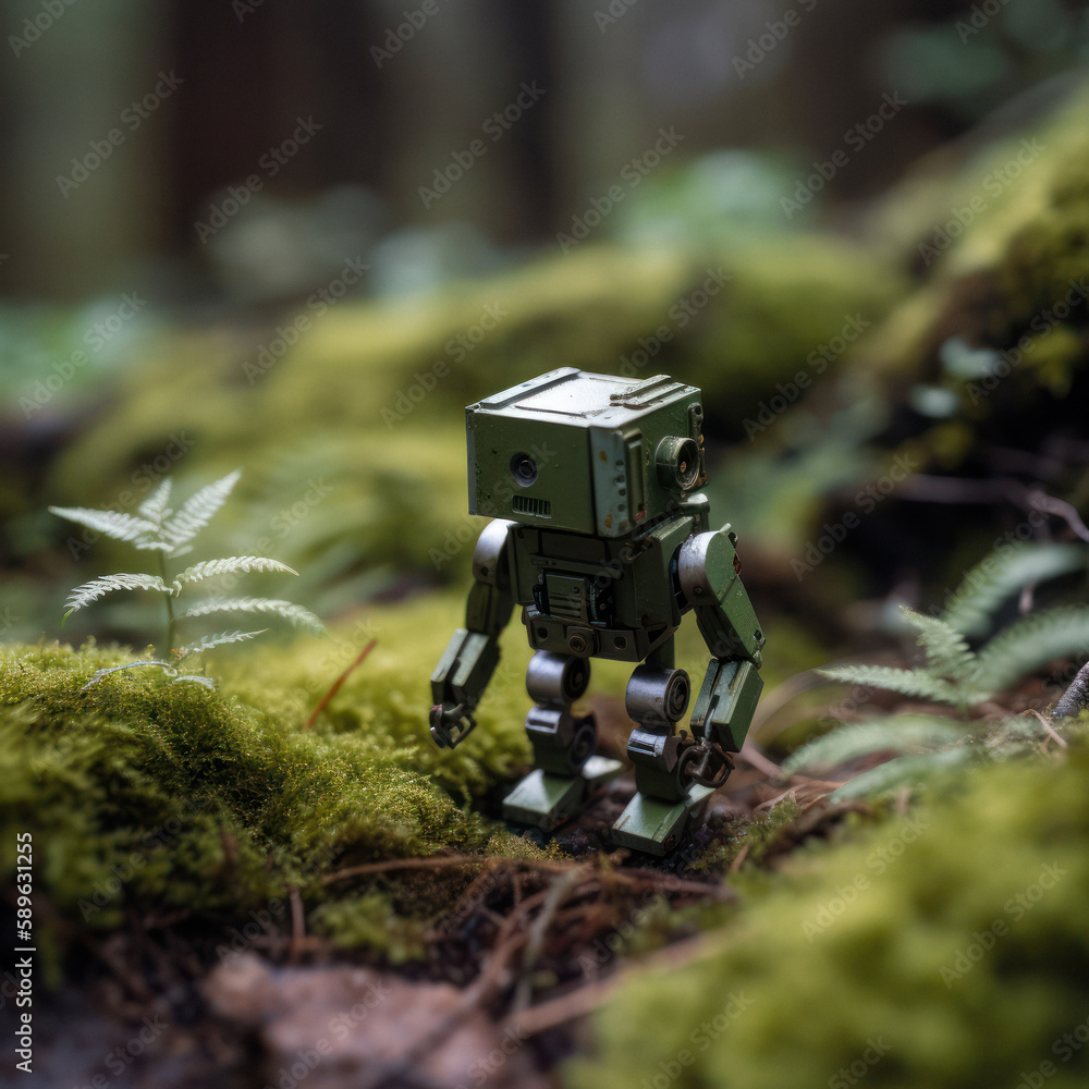image of tiny modern robot strolling through the woods image of tiny modern robot strolling through the woods