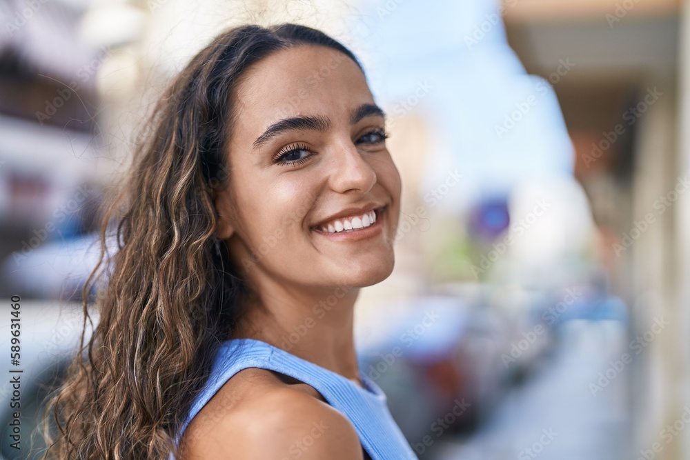 Young beautiful hispanic woman smiling confident standing at street Young beautiful hispanic woman smiling confident standing at street
