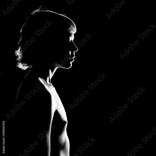 Profil d'un jeune garçon torse nu dans l'ombre éclairé à contre-jour qui dessine par le contour de lumière - IA générative