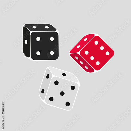 Black, red and white dice for casino gambling and other entertainment games. Vector design.