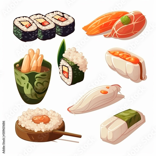 Various sushi and rolls are painted on a white background.