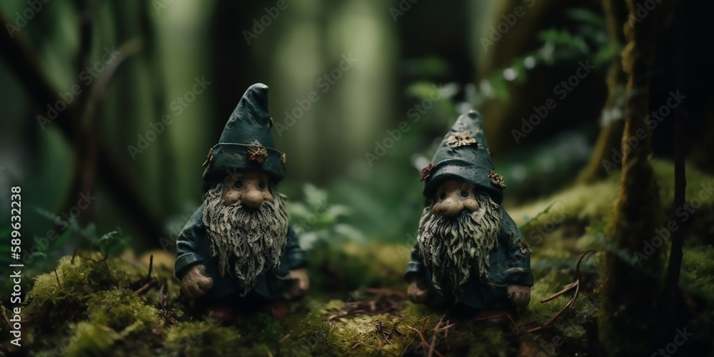 Ireland-inspired fantasy scene with toy gnomes in the woods