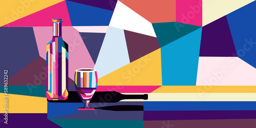 Vector illustration colorful bright bottle of wine and a glass of wine or alcoholic drink.