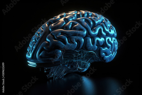 Glowing blue human brain on dark background