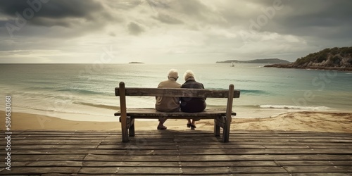 old couple sitting on bench and enjoying sea view. Generative AI