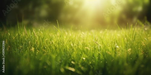 Spring and summer background concept, Close up green grass field with blurred park background and sunlight. Generative AI