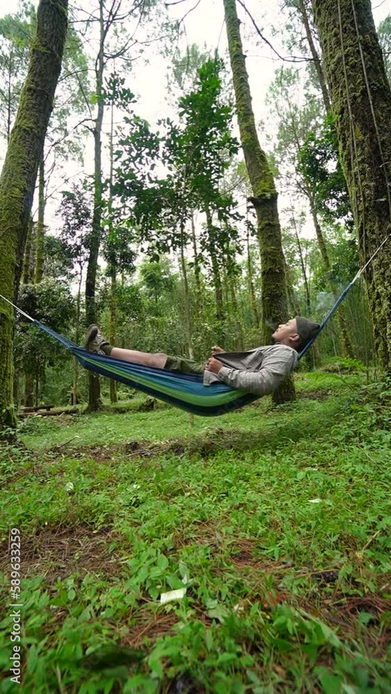 A man enjoys a day off by being alone in the middle of a pine forest to relax in a hammock. Enjoying the beauty of the forest that is still beautiful, the silence and serenity soothes the soul A man enjoys a day off by being alone in the middle of a pine forest to relax in a hammock. Enjoying the beauty of the forest that is still beautiful, the silence and serenity soothes the soul