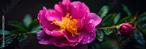 moss rose with water drops. Generative AI image.