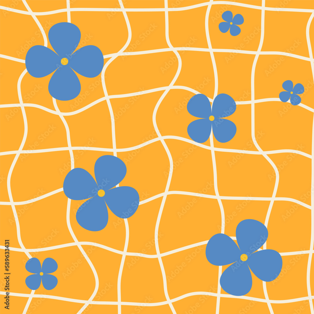 © Marivolkoff - 1970s Retro Abstract flowers pattern groovy trippy on orange distorted checkered background. Trippy Grid, Wavy Swirl Pattern. Seventies Style, Wallpaper. Hippie Aesthetic. Vector Illustration © Marivolkoff - 1970s Retro Abstract flowers pattern groovy trippy on orange distorted checkered background. Trippy Grid, Wavy Swirl Pattern. Seventies Style, Wallpaper. Hippie Aesthetic. Vector Illustration