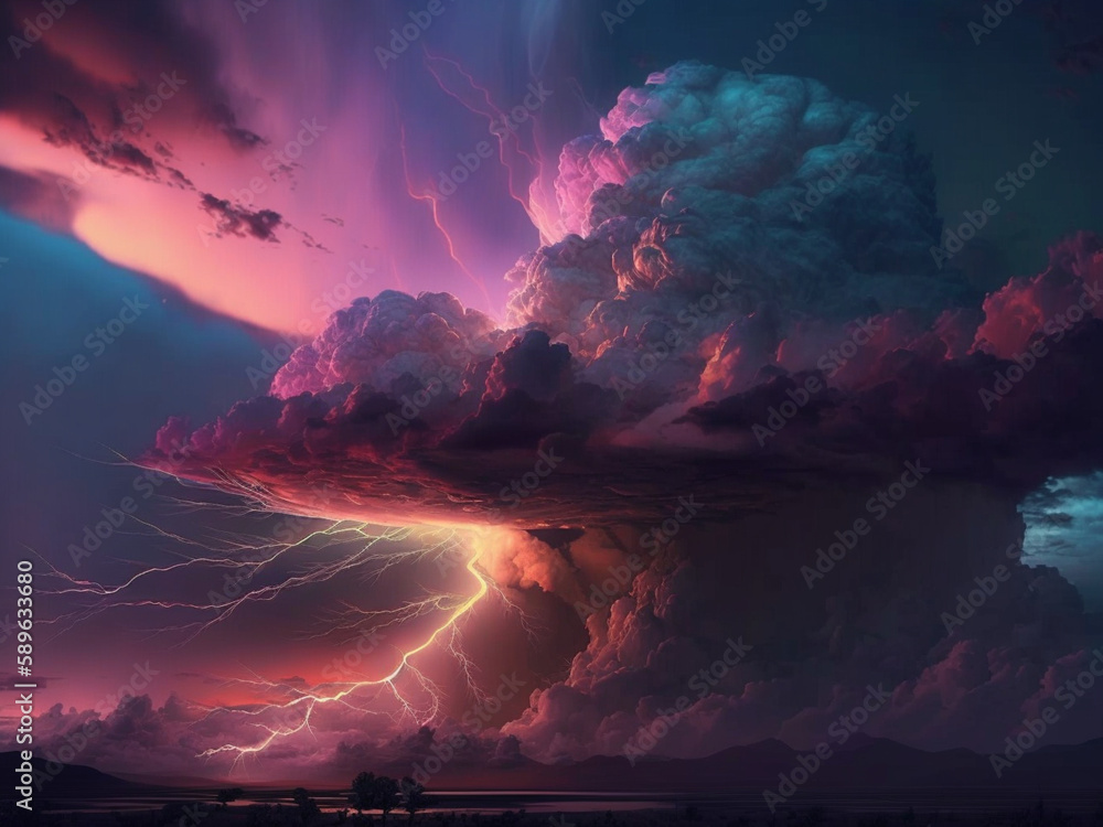 Beautiful Pink Sky Sunset Night Thunder Storm Clouds Electric Nuclear Explosion Doomsday Generative AI