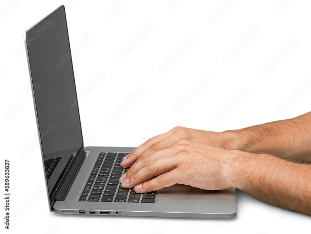 Male hands on laptop on a white background Male hands on laptop on a white background