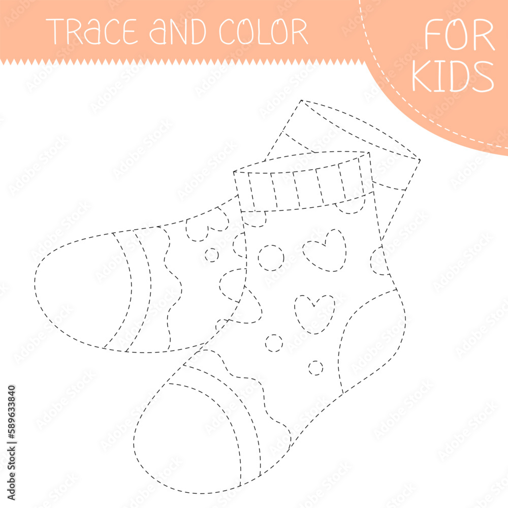 Obraz premium Trace and color coloring book with socks for kids. Coloring page with cartoon socks. Vector square illustration.