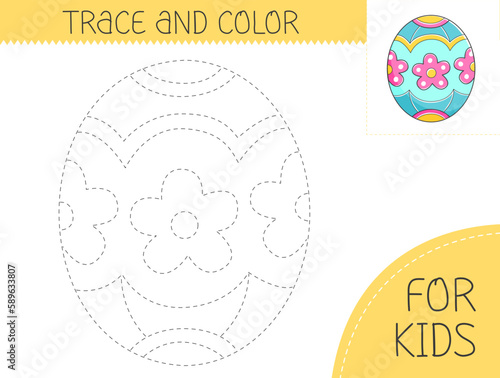 Trace and color coloring book with easter egg for kids. Coloring page with cartoon easter egg. Vector holiday illustration for kids.