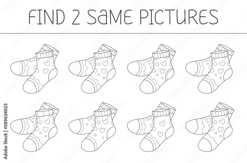 Find two some pictures is an educational game for kids with socks. Cute socks coloring book. Vector illustration. Find two some pictures is an educational game for kids with socks. Cute socks coloring book. Vector illustration.