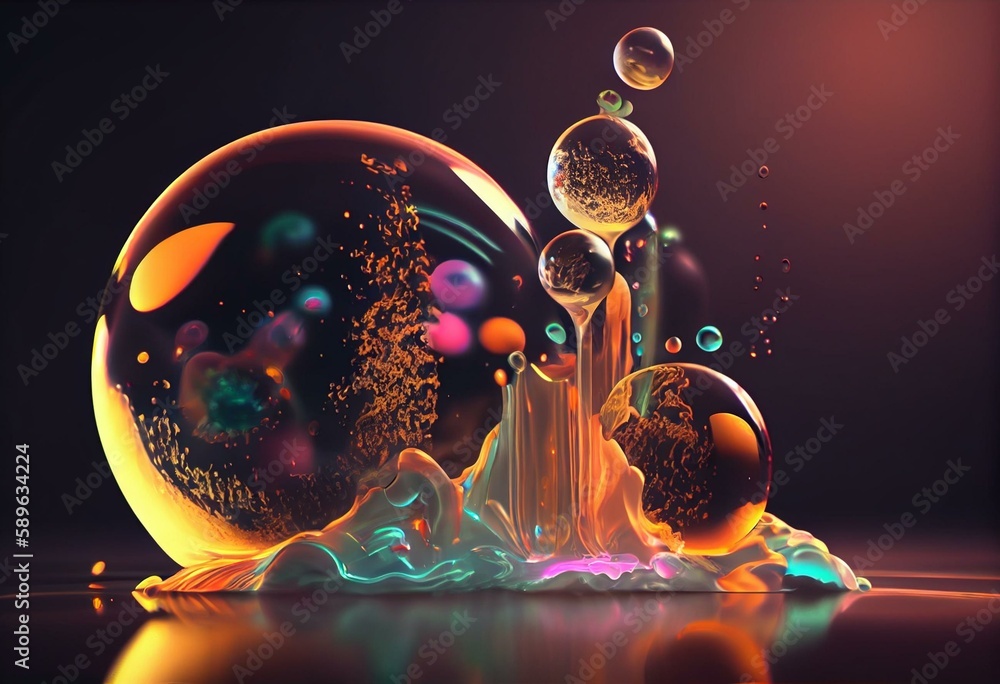 3D liquid bubbles move in space. Design. Balls move and disappear into