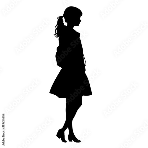 silhouette people of a slim young casual woman full length profile standing  black color isolated on transparent png background Generative ai
