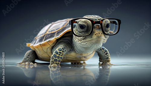 Cute little green turtle with glasses in front of st Ai generated Image © TrendyImages
