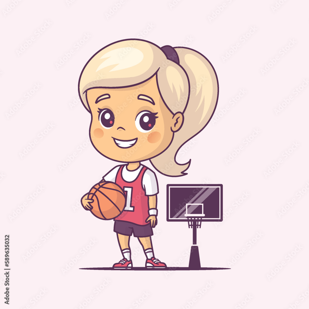 Little girl, female basket player holding a ball vector cartoon illustration in chibi style Little girl, female basket player holding a ball vector cartoon illustration in chibi style