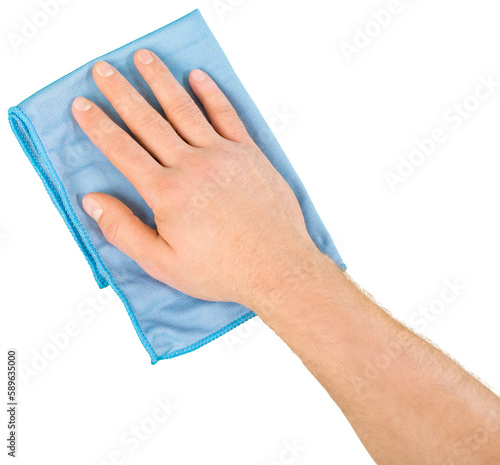 Hand and blue rag cleaning  isolated on white