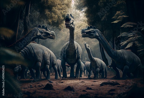 A herd of Alamosaurus encounter a T-Rex family. The dominant males approach the young mother  in an attempt to scare her away. Generative AI