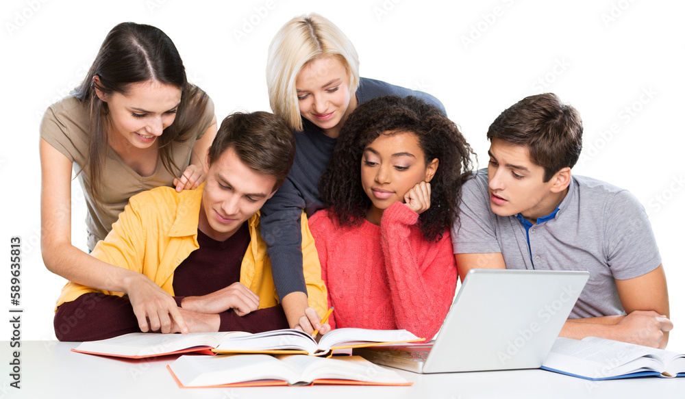 Group of students with books and laptop isolated over a white background Group of students with books and laptop isolated over a white background