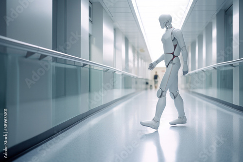 White Man Humanoid in Dynamic Pose in Hospital Environment