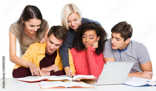 Group of students with books and laptop  isolated over a white background
