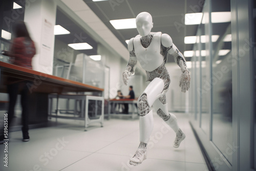 White Man Humanoid in Dynamic Pose in Hospital Environment